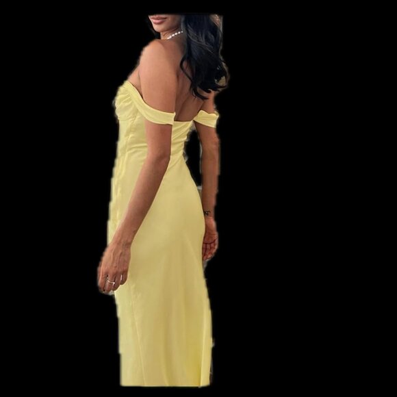 Satin off the shoulder ruched backless maxi dress- Realtix- Yellow Large - Picture 11 of 11